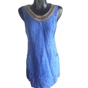 Lina Tomei Blue Sleeveless Linen Sheath Dress S